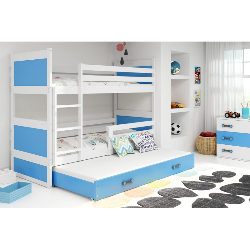 Dětská patrová postel s přistýlkou bez matrací 90x200 FERGUS - bílá / modrá
