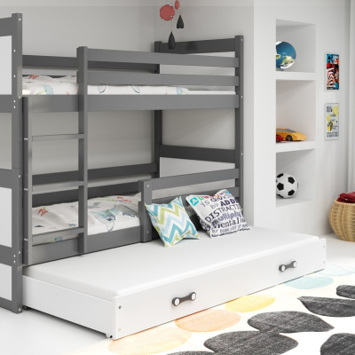 Dětská patrová postel s přistýlkou a matracemi 90x200 FERGUS - grafit / bílá