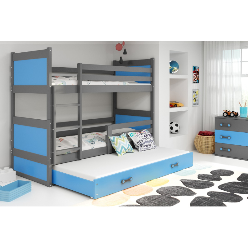 Dětská patrová postel s přistýlkou a matracemi 90x200 FERGUS - grafit / modrá
