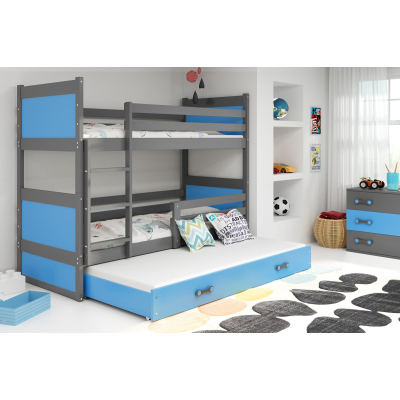 Dětská patrová postel s přistýlkou bez matrací 90x200 FERGUS - grafit / modrá