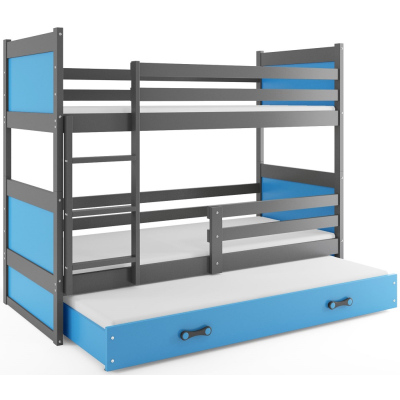 Dětská patrová postel s přistýlkou bez matrací 90x200 FERGUS - grafit / modrá