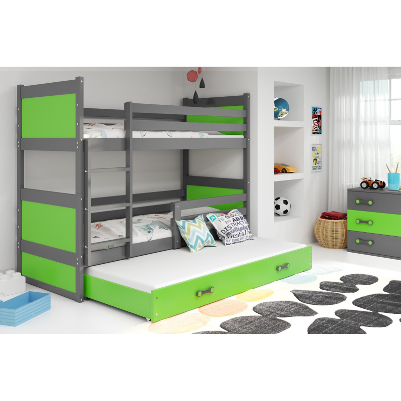 Dětská patrová postel s přistýlkou a matracemi 90x200 FERGUS - grafit / zelená