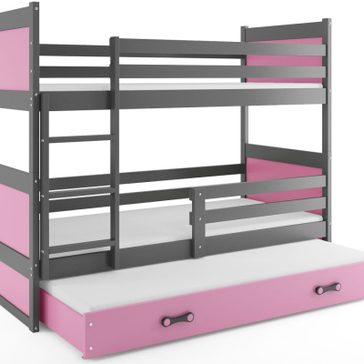 Dětská patrová postel s přistýlkou a matracemi 90x200 FERGUS - grafit / růžová