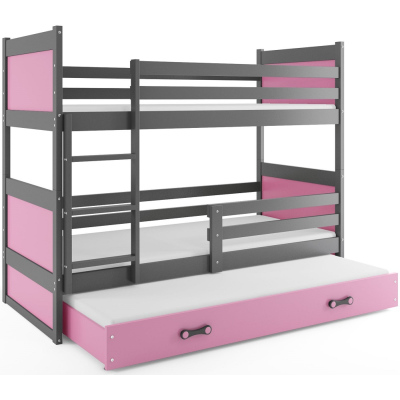 Dětská patrová postel s přistýlkou a matracemi 90x200 FERGUS - grafit / růžová