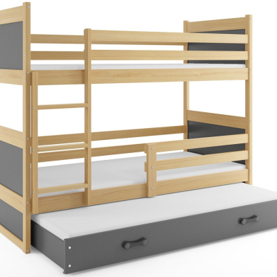 Dětská patrová postel s přistýlkou a matracemi 80x190 FERGUS - borovice / grafit