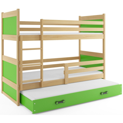Dětská patrová postel s přistýlkou a matracemi 80x190 FERGUS - borovice / zelená