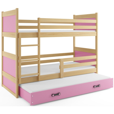 Dětská patrová postel s přistýlkou a matracemi 80x190 FERGUS - borovice / růžová