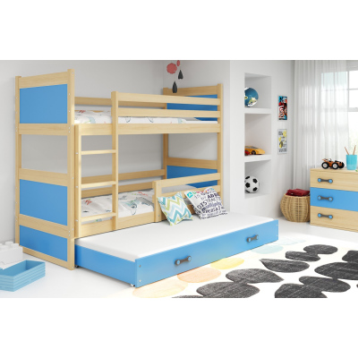 Dětská patrová postel s přistýlkou a matracemi 80x190 FERGUS - borovice / modrá