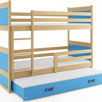 Dětská patrová postel s přistýlkou a matracemi 80x190 FERGUS - borovice / modrá