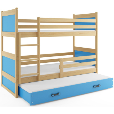 Dětská patrová postel s přistýlkou bez matrací 80x190 FERGUS - borovice / modrá