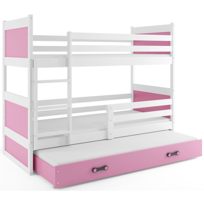 Dětská patrová postel s přistýlkou a matracemi 80x190 FERGUS - bílá / růžová