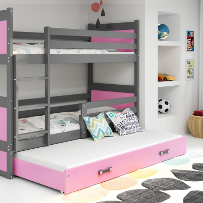 Dětská patrová postel s přistýlkou a matracemi 80x190 FERGUS - grafit / růžová