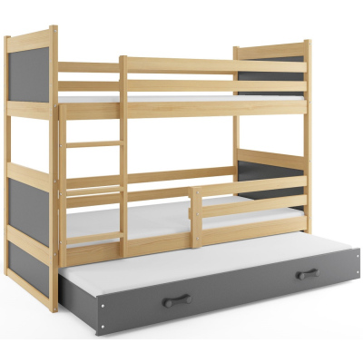 Dětská patrová postel s přistýlkou a matracemi 80x160 FERGUS - borovice / grafit