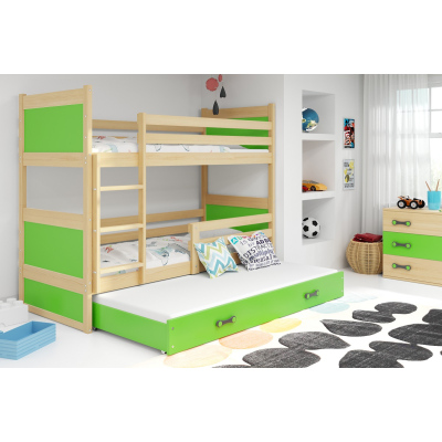 Dětská patrová postel s přistýlkou a matracemi 80x160 FERGUS - borovice / zelená