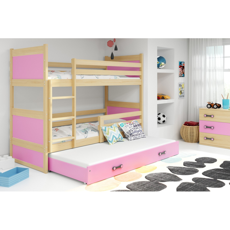 Dětská patrová postel s přistýlkou a matracemi 80x160 FERGUS - borovice / růžová
