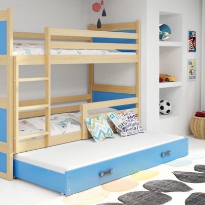 Dětská patrová postel s přistýlkou a matracemi 80x160 FERGUS - borovice / modrá