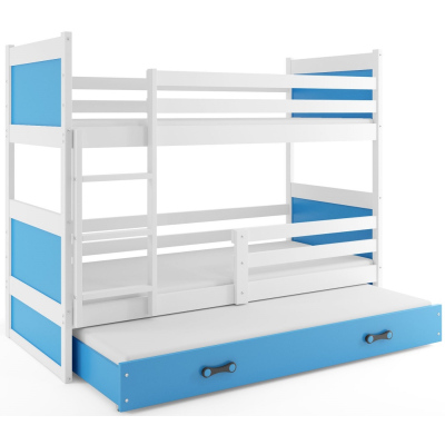 Dětská patrová postel s přistýlkou a matracemi 80x160 FERGUS - bílá / modrá
