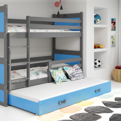 Dětská patrová postel s přistýlkou bez matrací 80x160 FERGUS - grafit / modrá