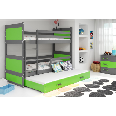 Dětská patrová postel s přistýlkou a matracemi 80x160 FERGUS - grafit / zelená