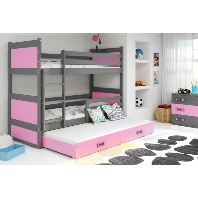 Dětská patrová postel s přistýlkou bez matrací 80x160 FERGUS - grafit / růžová
