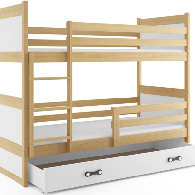 Dětská patrová postel s úložným prostorem s matracemi 90x200 FERGUS - borovice / bílá