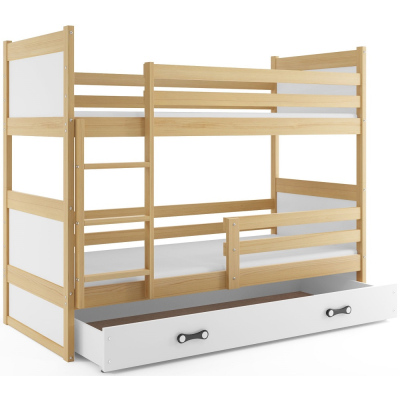 Dětská patrová postel s úložným prostorem s matracemi 90x200 FERGUS - borovice / bílá
