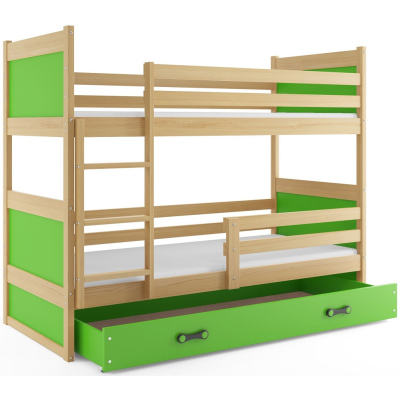 Dětská patrová postel s úložným prostorem s matracemi 90x200 FERGUS - borovice / zelená