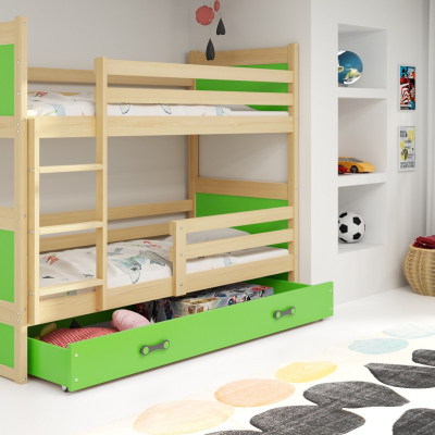 Dětská patrová postel s úložným prostorem s matracemi 90x200 FERGUS - borovice / zelená