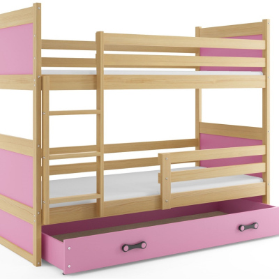 Dětská patrová postel s úložným prostorem s matracemi 90x200 FERGUS - borovice / růžová