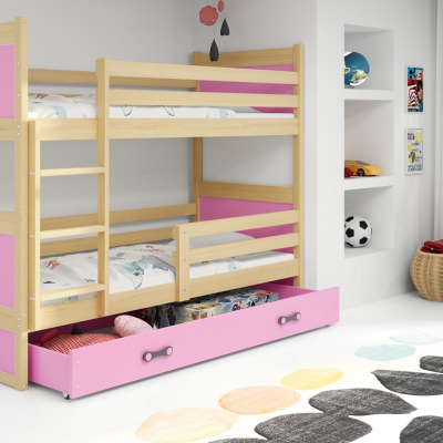 Dětská patrová postel s úložným prostorem bez matrace 90x200 FERGUS - borovice / růžová