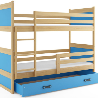 Dětská patrová postel s úložným prostorem bez matrace 90x200 FERGUS - borovice / modrá