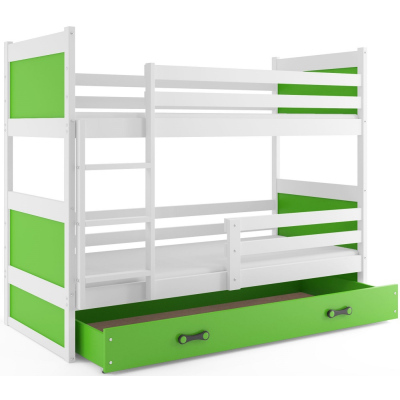 Dětská patrová postel s úložným prostorem s matracemi 90x200 FERGUS - bílá / zelená