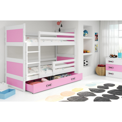 Dětská patrová postel s úložným prostorem s matracemi 90x200 FERGUS - bílá / růžová