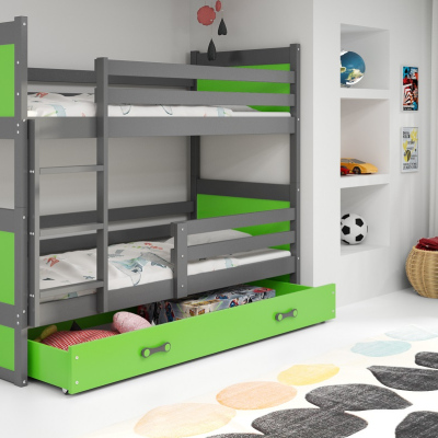 Dětská patrová postel s úložným prostorem s matracemi 90x200 FERGUS - grafit / zelená