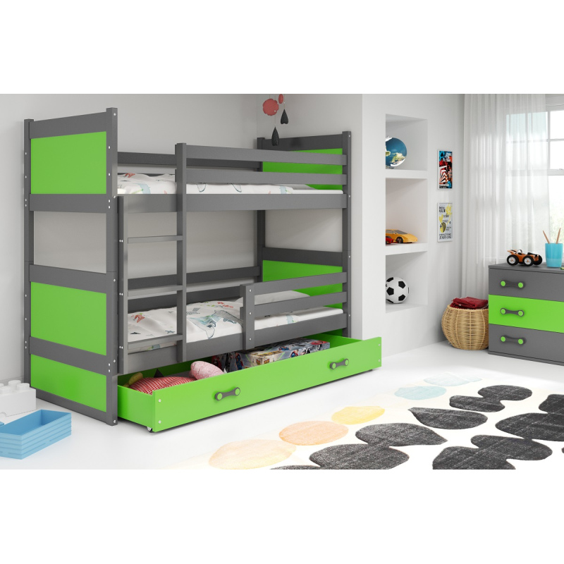 Dětská patrová postel s úložným prostorem bez matrace 90x200 FERGUS - grafit / zelená