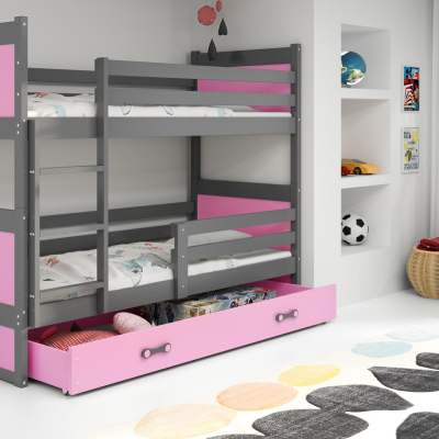 Dětská patrová postel s úložným prostorem s matracemi 90x200 FERGUS - grafit / růžová