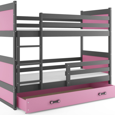 Dětská patrová postel s úložným prostorem bez matrace 90x200 FERGUS - grafit / růžová