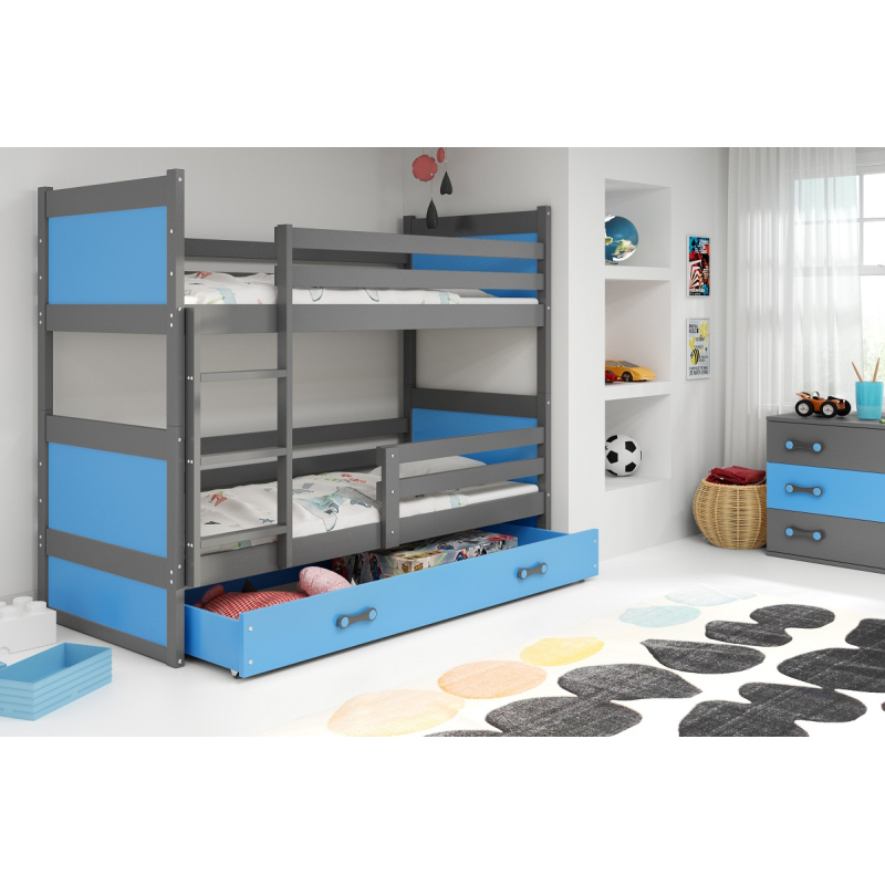 Dětská patrová postel s úložným prostorem s matracemi 90x200 FERGUS - grafit / modrá