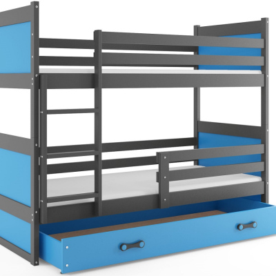 Dětská patrová postel s úložným prostorem s matracemi 90x200 FERGUS - grafit / modrá