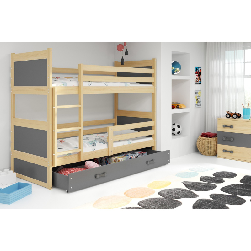 Dětská patrová postel s úložným prostorem s matracemi 80x190 FERGUS - borovice / grafit