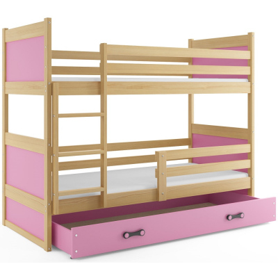 Dětská patrová postel s úložným prostorem s matracemi 80x190 FERGUS - borovice / růžová