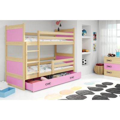 Dětská patrová postel s úložným prostorem s matracemi 80x190 FERGUS - borovice / růžová