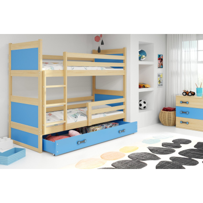 Dětská patrová postel s úložným prostorem s matracemi 80x190 FERGUS - borovice / modrá