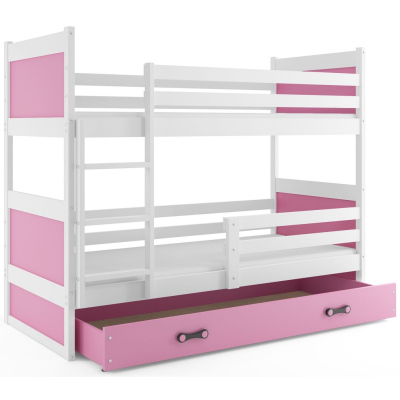 Dětská patrová postel s úložným prostorem s matracemi 80x190 FERGUS - bílá / růžová