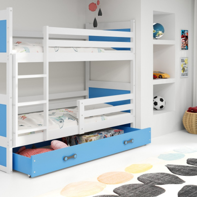 Dětská patrová postel s úložným prostorem s matracemi 80x190 FERGUS - bílá / modrá