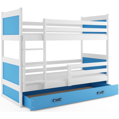 Dětská patrová postel s úložným prostorem s matracemi 80x190 FERGUS - bílá / modrá