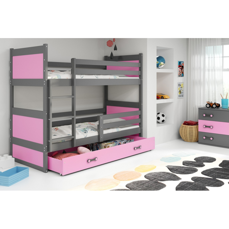 Dětská patrová postel s úložným prostorem s matracemi 80x190 FERGUS - grafit / růžová