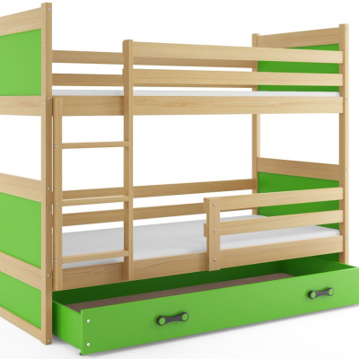 Dětská patrová postel s úložným prostorem s matracemi 80x160 FERGUS - borovice / zelená