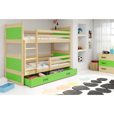 Dětská patrová postel s úložným prostorem bez matrace 80x160 FERGUS - borovice / zelená