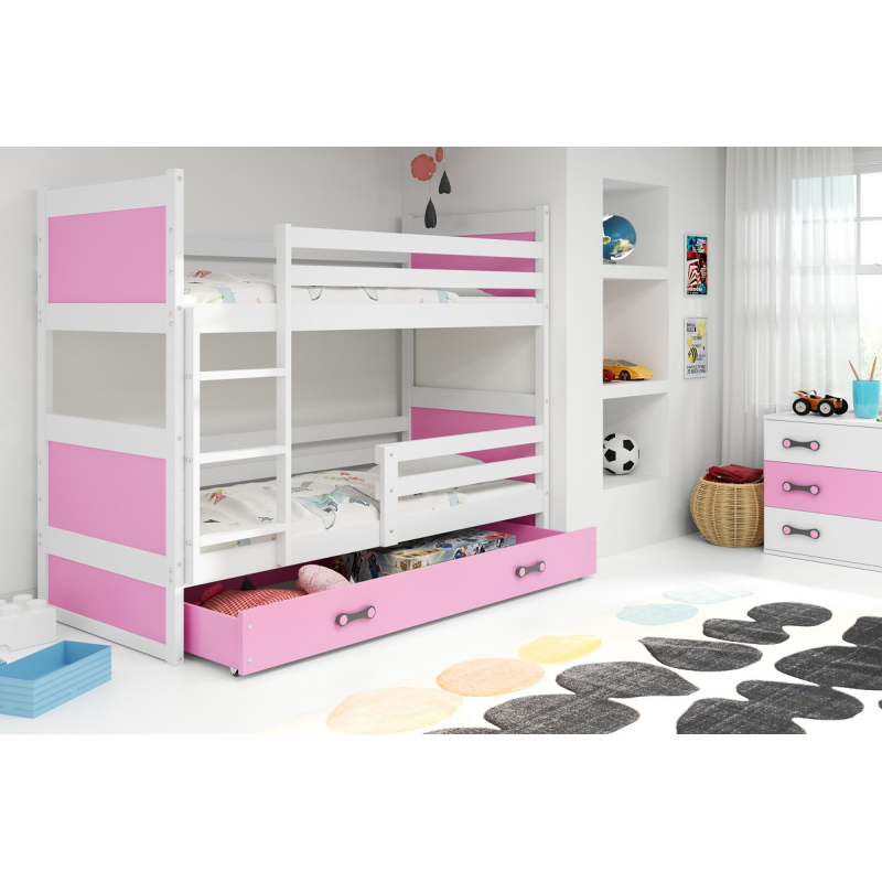 Dětská patrová postel s úložným prostorem s matracemi 80x160 FERGUS - bílá / růžová